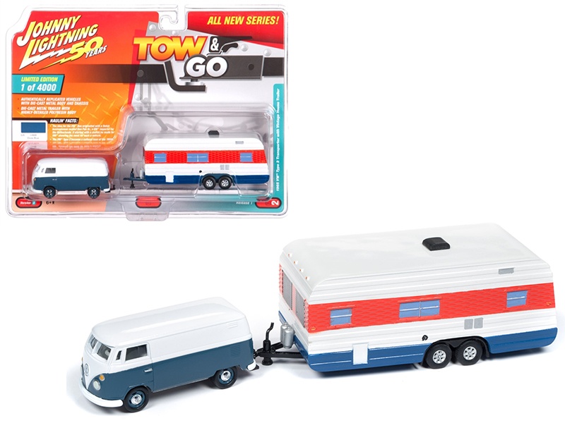 1965 Volkswagen Type 2 Transporter Dove Blue And White With Vintage House Trailer Limited Edition To 4,000 Pieces Worldwide "Tow & Go" Series 1 1/64 Diecast Model Car By Johnny Lightning