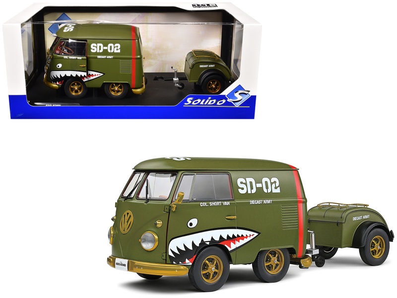1950 Volkswagen Kool Kombi Van With Trailer "Army Fighter" Green With Graphics 1/18 Diecast Model Car By Solido