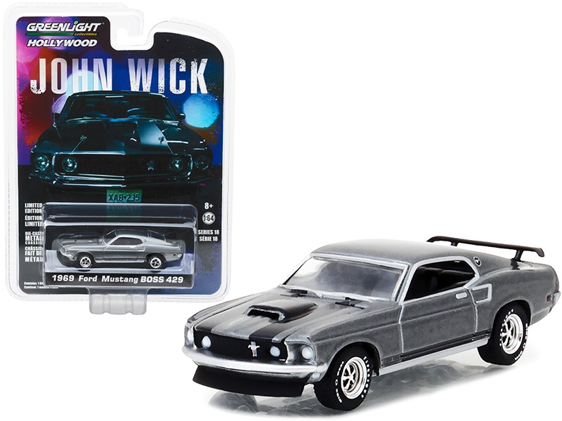 1969 Ford Mustang Boss 429 Gray Metallic With Black Stripes "John Wick" (2014) Movie "Hollywood Series" Release 18 1/64 Diecast Model Car By Greenlight
