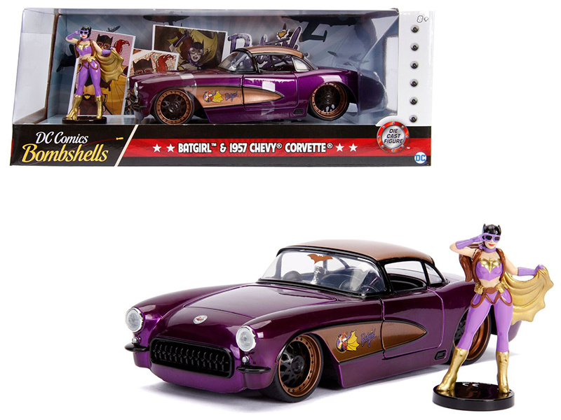 1957 Chevrolet Corvette Purple With Batgirl Diecast Figurine "Dc Comics Bombshells" Series 1/24 Diecast Model Car By Jada