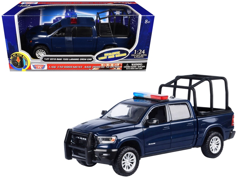 2019 Ram 1500 Laramie Crew Cab Pickup Truck With Bed Cage Dark Blue With Flashing Light Bar And Front And Rear Lights And Sounds 1/24-1/27 Diecast Model Car By Motormax