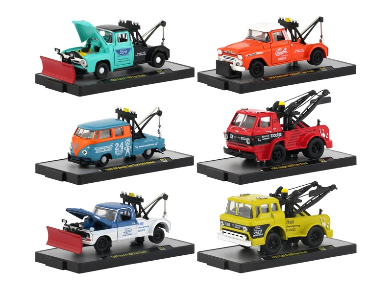 Auto Tow Trucks 6 Piece Set Release 52 In Display Cases 1/64 Diecast Model Cars By M2 Machines