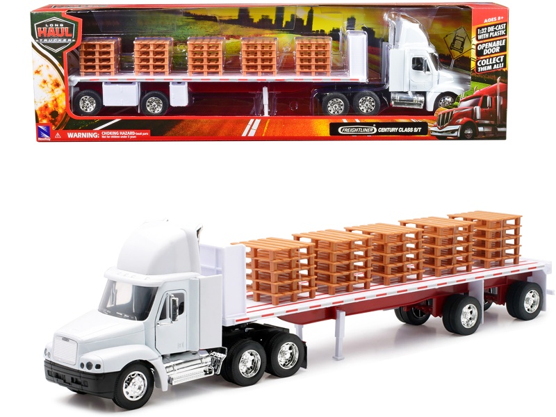 Freightliner Century Class S/T Flatbed Truck White with Pallet Accessories 'Long Haul Trucker' Series Diecast Model