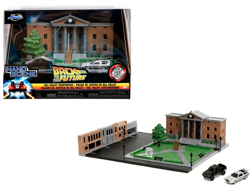 Hill Valley Courthouse Diorama With Black Pickup Truck And Delorean "Back To The Future" (1985) Movie "Nano Scene" Series Model By Jada