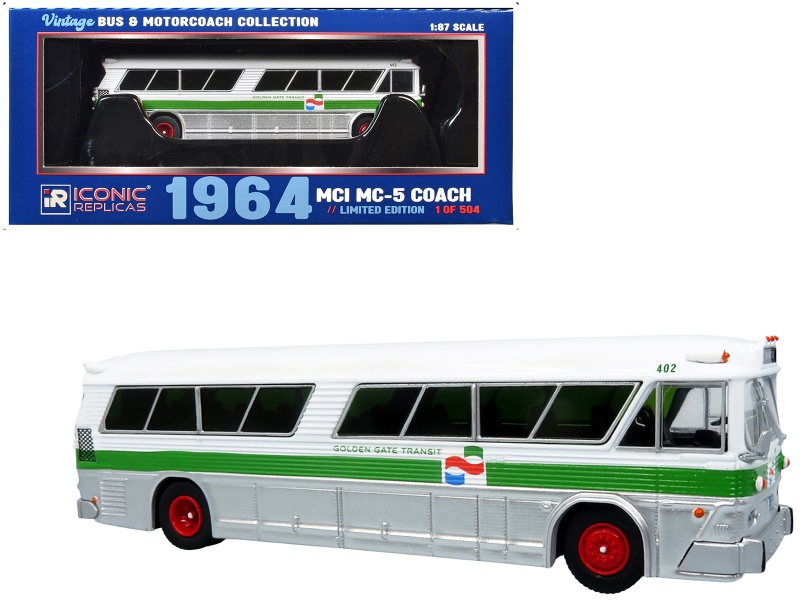 1964 Mci Mc-5A Coach Bus "Golden Gate Transit" White With Green Stripes "Vintage Bus & Motorcoach Collection" Limited Edition To 504 Pieces Worldwide 1/87 (Ho) Diecast Model By Iconic Replicas