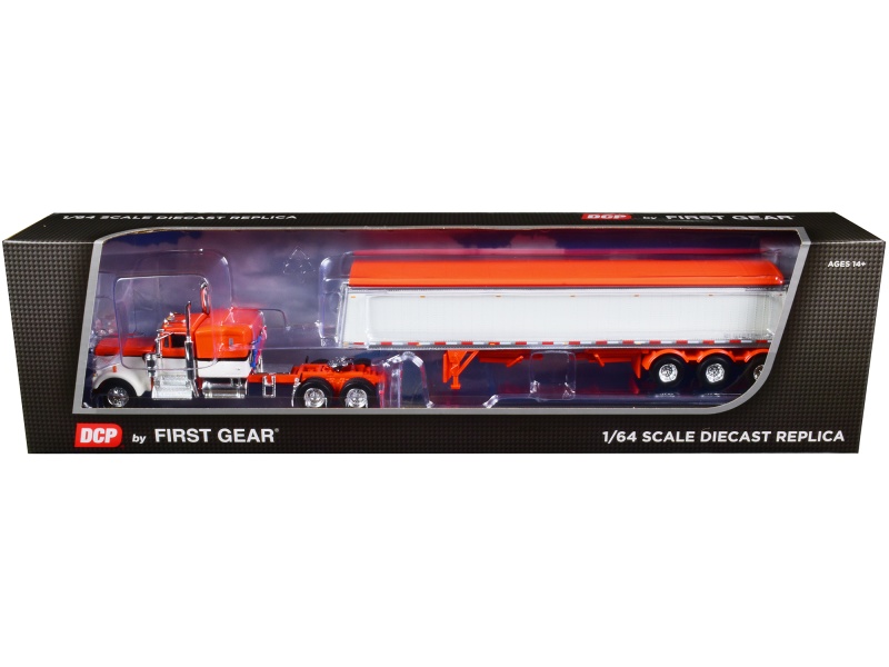 Kenworth W900a With 60" Flat Top Sleeper And Lode King Distinction Tri-Axle Hopper Trailer Orange And Pearl White 1/64 Diecast Model By Dcp/First Gear