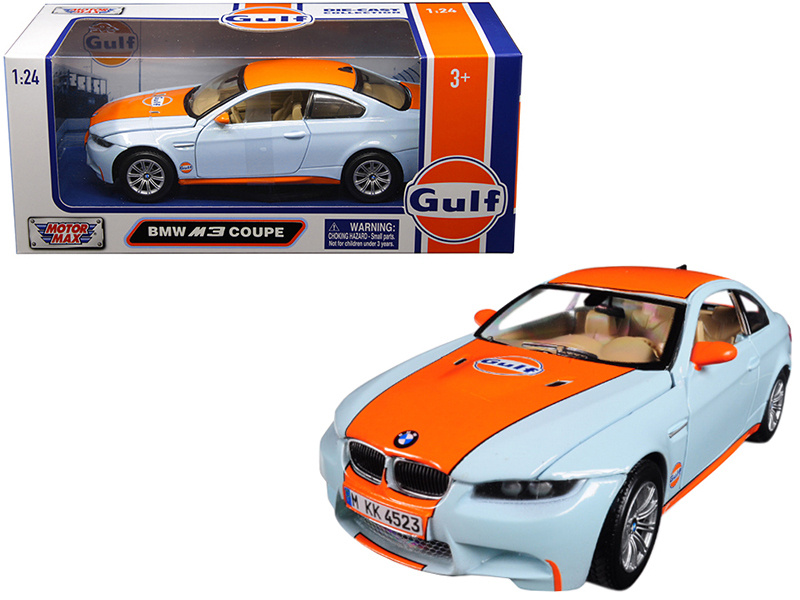 Bmw M3 Coupe With "Gulf Oil" Livery Light Blue With Orange Stripe 1/24 Diecast Model Car By Motormax