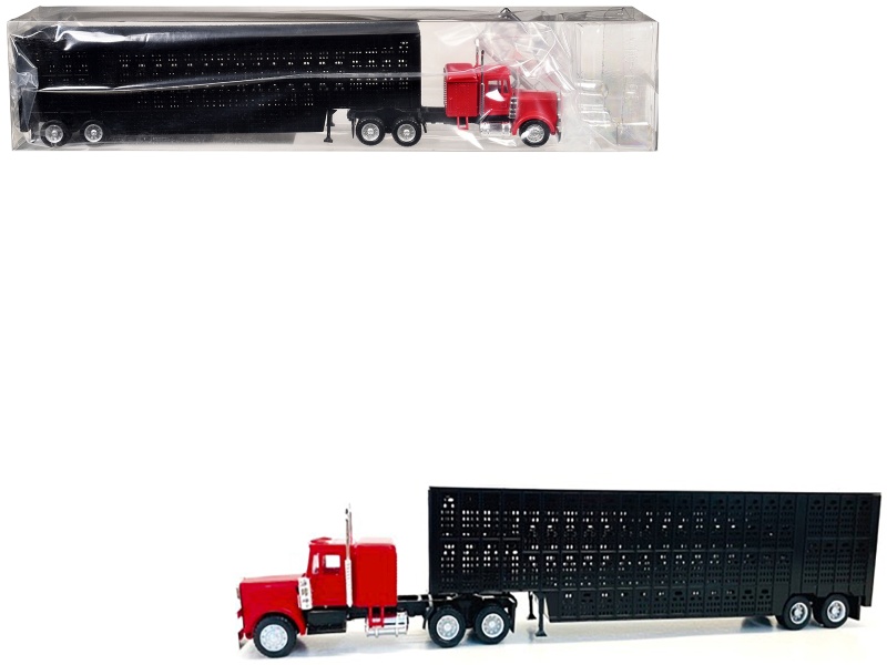 Peterbilt With Sleeper Cab Red With Black Livestock Trailer 1/87 (Ho) Plastic Model Car By Promotex