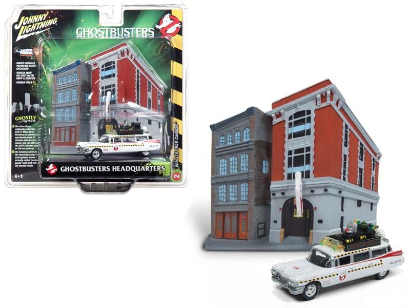 1959 Cadillac Ecto-1A Ambulance With Firehouse Exterior Diorama From \"Ghostbusters Ii\" (1989) Movie 1/64 Diecast Model By Johnny Lightning