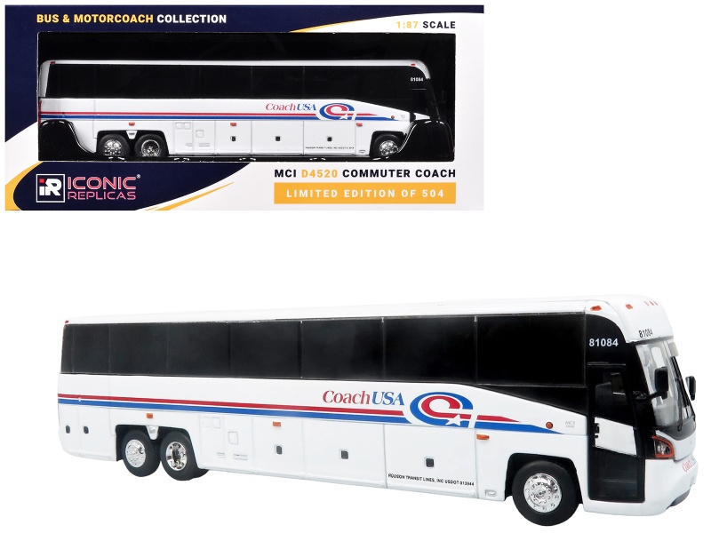 Mci D4520 Commuter Coach Bus "Coach Usa" White With Blue And Red Stripes "The Bus & Motorcoach Collection" Limited Edition To 504 Pieces Worldwide 1/87 (Ho) Scale Diecast Model By Iconic Replicas