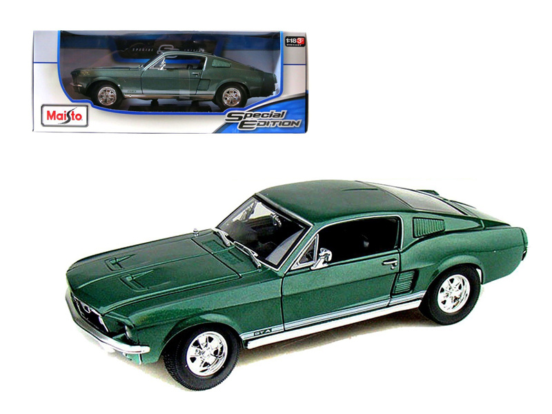 1967 Ford Mustang Gta Fastback Green Metallic With White Stripes 1/18 Diecast Model Car By Maisto