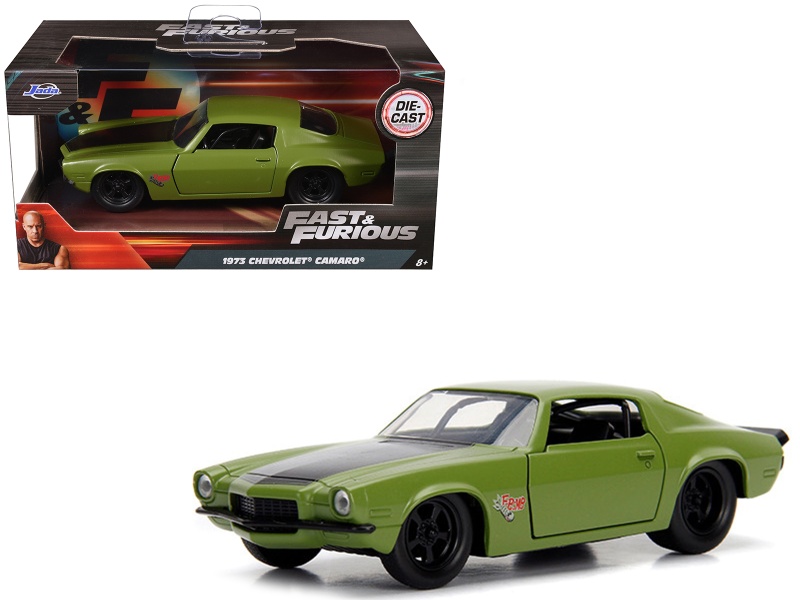 Dom's 1973 Chevrolet Camaro "F-Bomb" Matt Green With Black Hood Stripe "Fast & Furious" Movie 1/32 Diecast Model Car By Jada