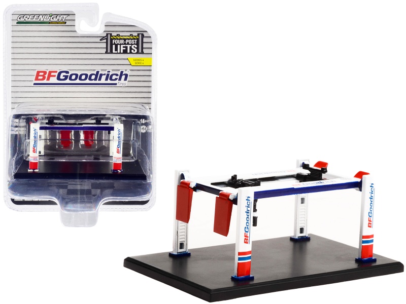 Adjustable Four-Post Lift "Bfgoodrich" White And Red "Four-Post Lifts" "Four-Post Lifts" Series 4 1/64 Diecast Model By Greenlight