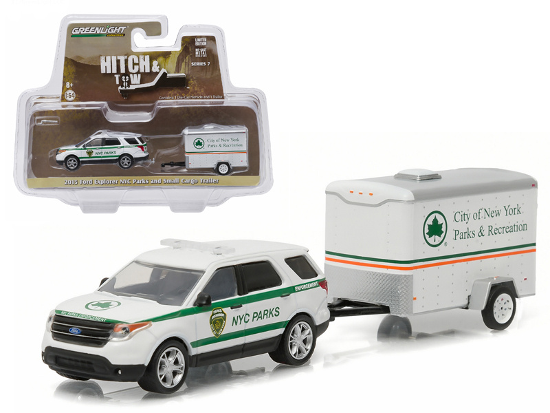 2015 Ford Explorer New York City Department Of Parks And Recreation & Small Cargo Trailer Hitch & Tow Series 7 1/64 Diecast Car Model By Greenlight