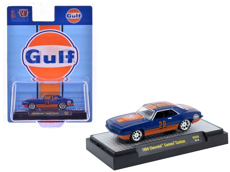 1969 Chevrolet Camaro Custom #20 "Gulf Oil" Dark Blue And Orange Limited Edition To 5500 Pieces Worldwide 1/64 Diecast Model Car By M2 Machines