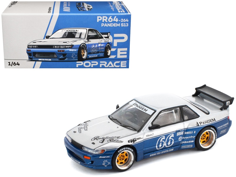 Pandem S13 Rhd (Right Hand Drive) Silver And Moontech Blue Metallic With Graphics 1/64 Diecast Model Car By Pop Race