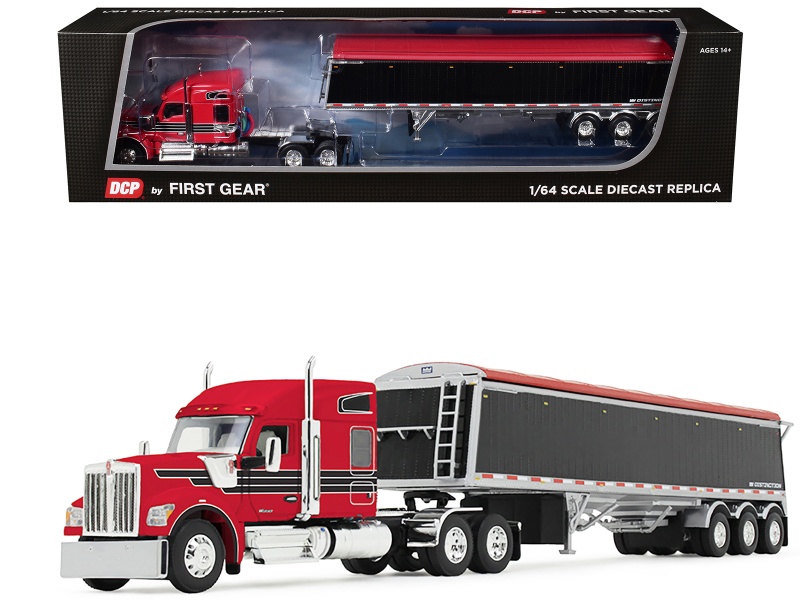 Kenworth W990 With 76" Mid-Roof Sleeper And Lode King Distinction Hopper Trailer Red And Black 1/64 Diecast Model By Dcp/First Gear