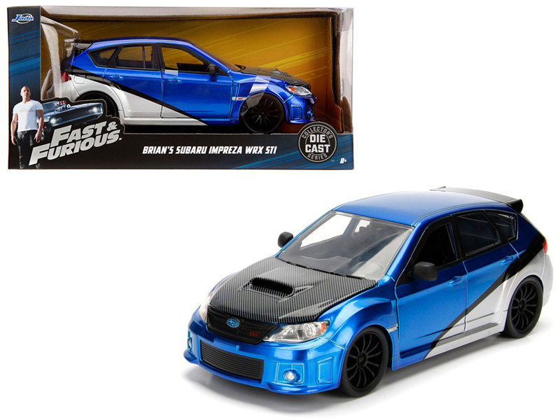 Brian's Subaru Impreza Wrx Sti Blue And Silver With Carbon Hood "Fast & Furious" Movie 1/24 Diecast Model Car By Jada