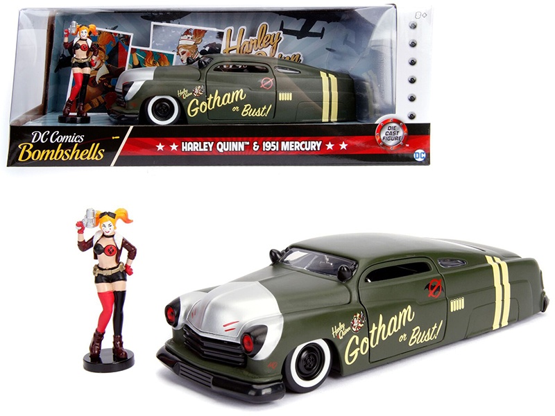 1951 Mercury Matt Green With Harley Quinn Diecast Figurine "Dc Comics Bombshells" Series 1/24 Diecast Model Car By Jada