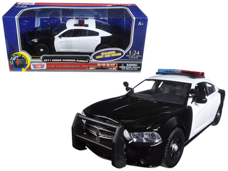 2011 Dodge Charger Pursuit Police Car Black And White With Flashing Light Bar And Front And Rear Lights And 2 Sounds 1/24 Diecast Model Car By Motormax