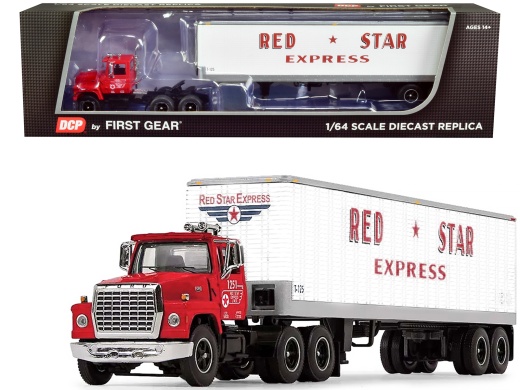 Ford Lt-9000 Day Cab with Vintage 40' Dry Goods Tandem-Axle Trailer Red and White 'Red Star Express' 1/64 Diecast Model by First Gear