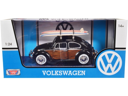 1966 Volkswagen Beetle Black Diecast Model Car with Wood Panels and Surfboards on Roof Rack