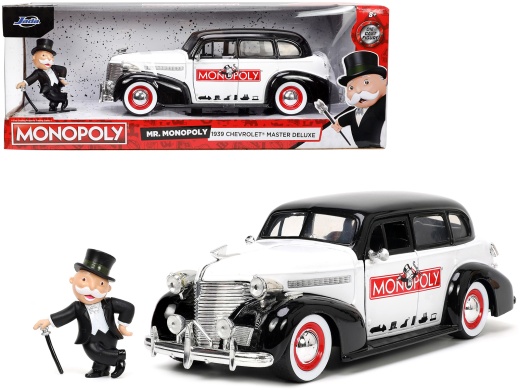 1939 Chevrolet Master Deluxe Black and White "Monopoly" and Mr. Monopoly Diecast Figure
