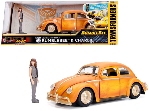Volkswagen Beetle Weathered Yellow Diecast Model Car with Robot and Charlie Figurine 'Bumblebee'
