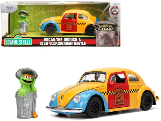 1959 Volkswagen Beetle Taxi Yellow and Blue Oscar's Taxi Service 1/24 Diecast Model Car with Oscar the Grouch Figure by Jada