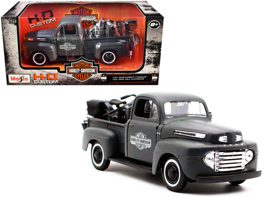 1948 Ford F-1 Pickup Truck and 1942 Harley-Davidson WLA Flathead Motorcycle Matt Dark Gray 'Harley-Davidson Custom' Diecast Models