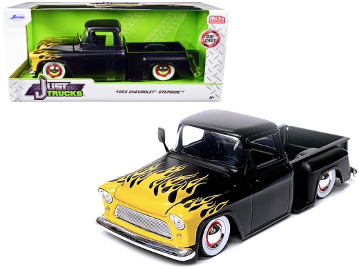 1955 Chevrolet Stepside Pickup Truck Matt Black with Yellow Flames Diecast Model Car