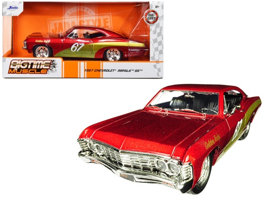1967 Chevrolet Impala SS #67 'Golden Ruby' Red with Gold Stripes 'Bigtime Muscle' 1/24 Diecast Model Car by Jada