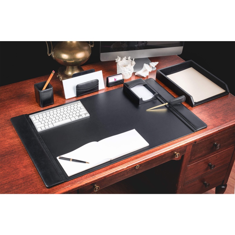 Black Leather 7-Piece Desk Set, Gold Accent