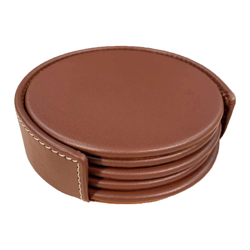 Rustic Brown Leather Coaster Set
