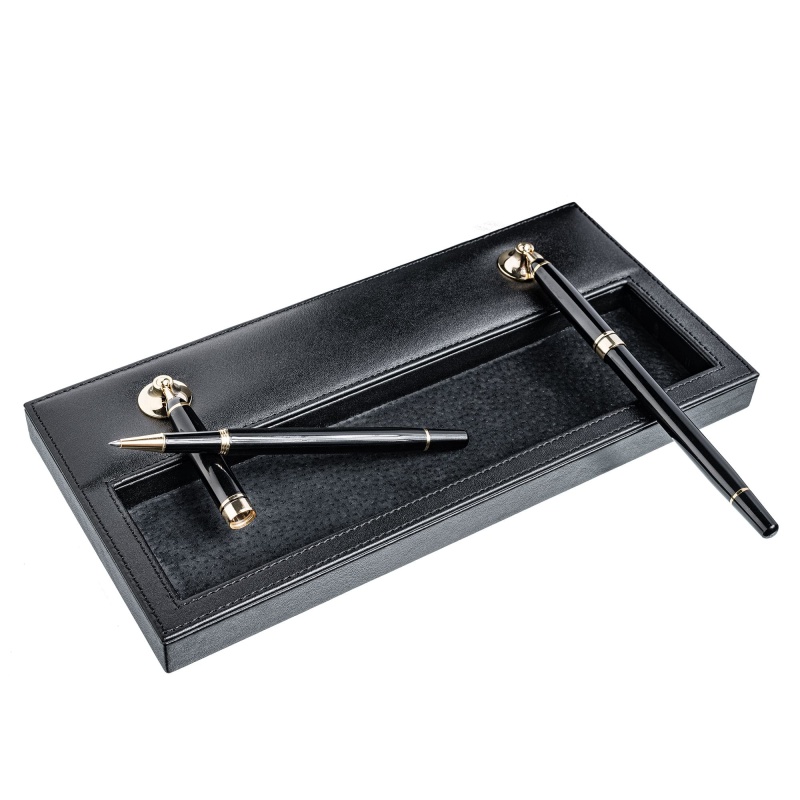 Black Leather Double Pen Stand W/ Gold Accents
