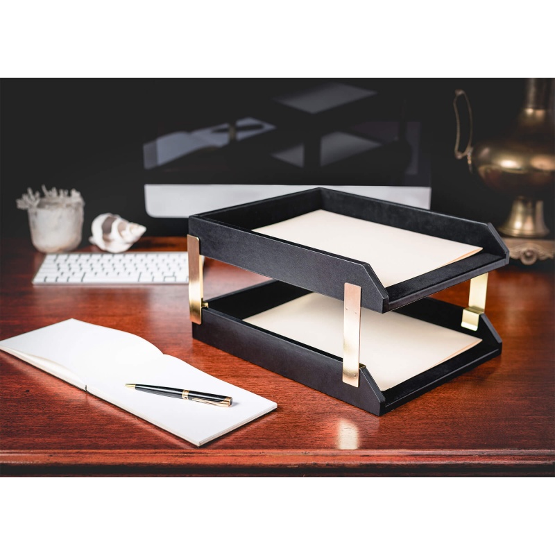 Classic Black Leather Front-Load Letter Trays With Gold Stacking Posts