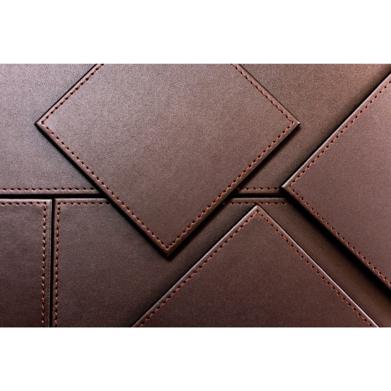 Chocolate Brown Leatherette 4 Square Coaster Set W/ Brown Tone-On-Tone Stitching And Holder