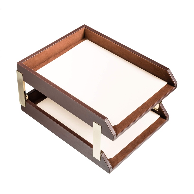 Chocolate Brown Leather Double Letter Trays