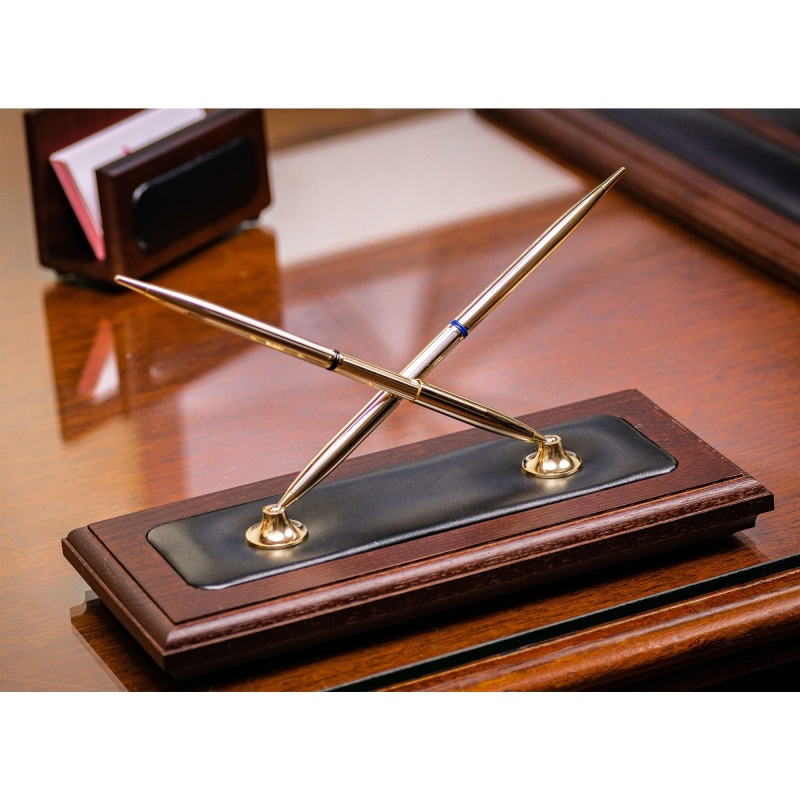 Walnut & Leather Double Pen Stand