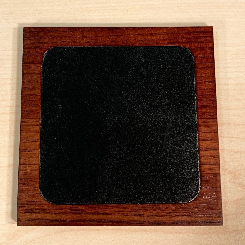 Walnut & Black Leather 4 Square Coaster Set W/ Holder