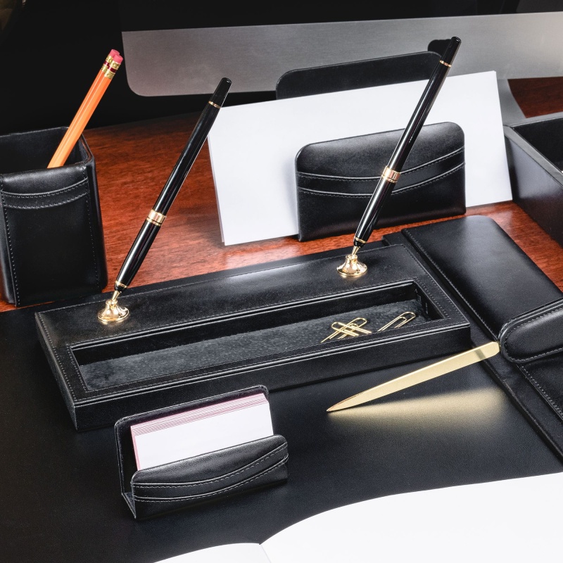 Classic Black Leather Double Pen Stand With Gold Accents