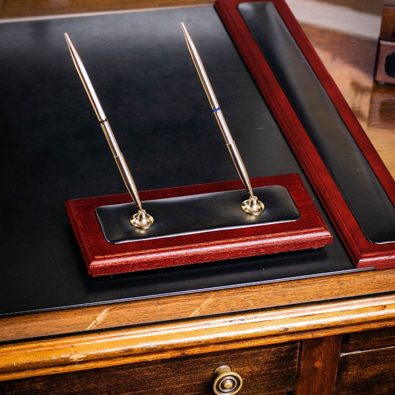 Mahogany (Rosewood) & Black Leather Double Pen Stand