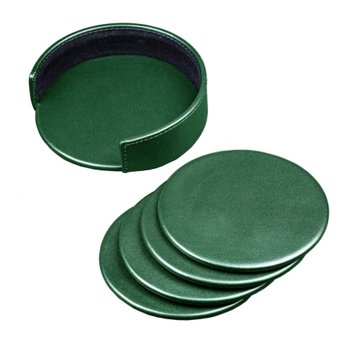 Dark Green Leather 4 Round Coaster Set W/ Holder