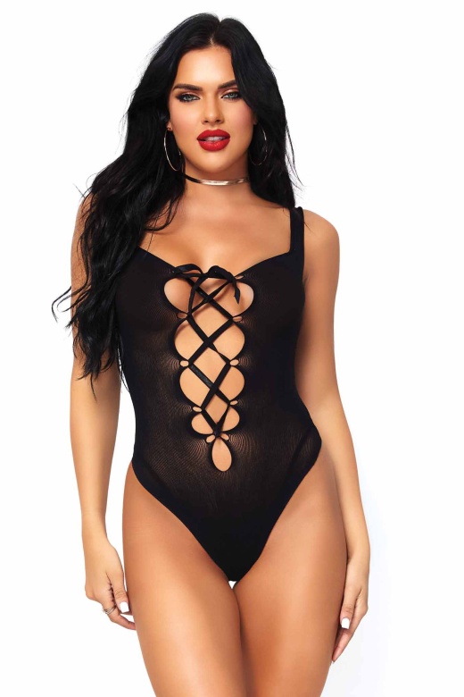 Opaque Lace Up Thong Teddy - One Size / Black - Donna Di Capri