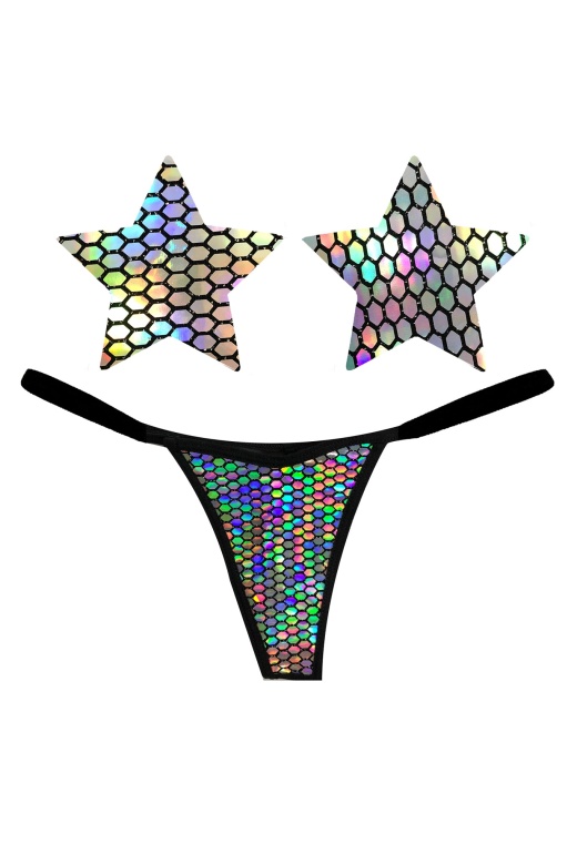 Mirrored Mayhem Holographic G-String Knix Pasties & Panties Set by Donna Di Capri