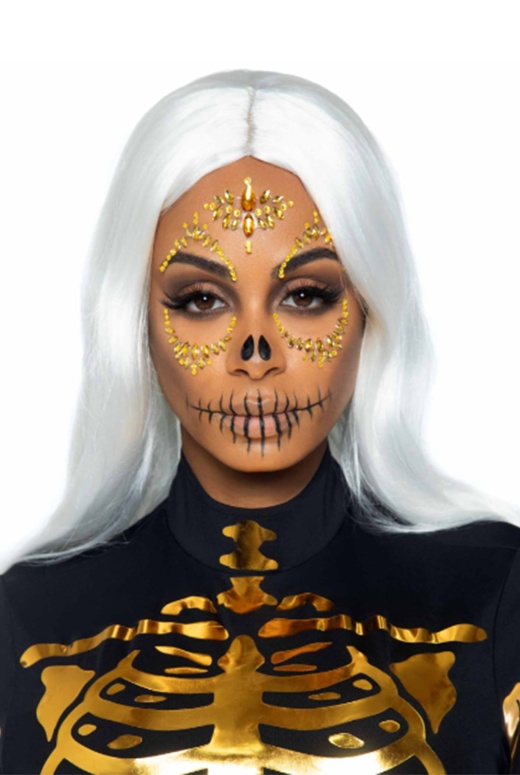 Sugar Skull Adhesive Face Jewels Sticker - Golden Full Face Skeleton Design