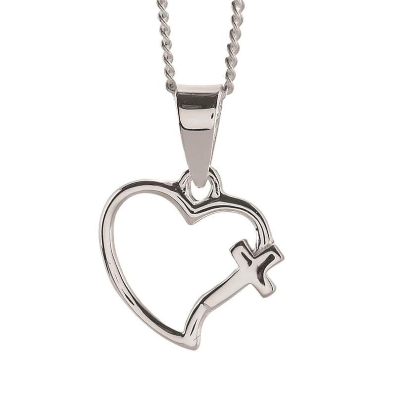 Open Heart Cross Silver Plate 18" Chain