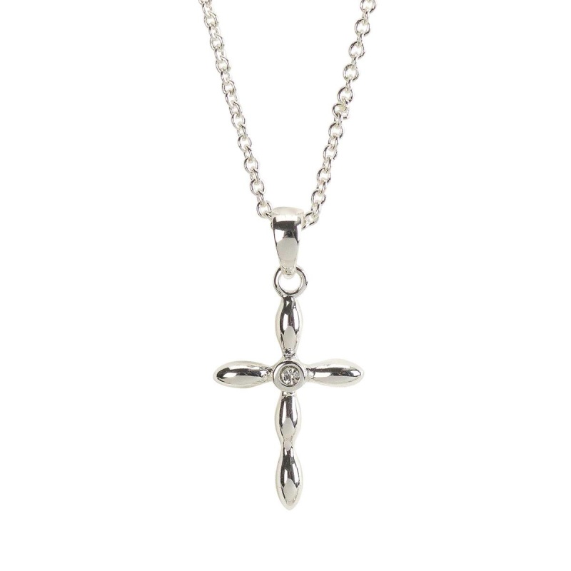 Silver Pl Petal Cross W/Crystal Necklace