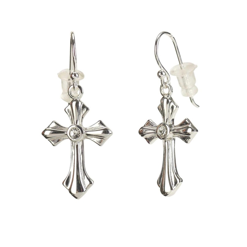Earrings Silver Pl Flare Cross W/Crystal