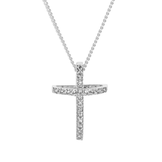 Open Bow Cz Cross Silver Plate 18 Chain